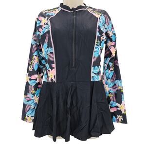 Zando Womans size XL Floral Long Sleeve Zip One Piece Swimdress Black NWOT